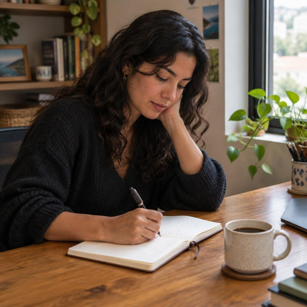 Brazilian woman writing in a journal at a cozy home desk