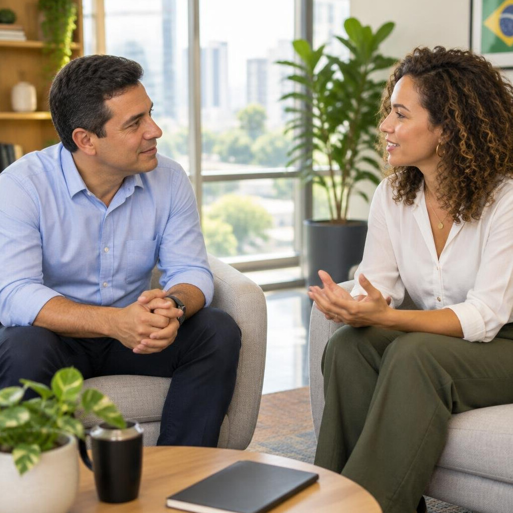 Two Brazilian colleagues having a respectful conversation in an office lounge