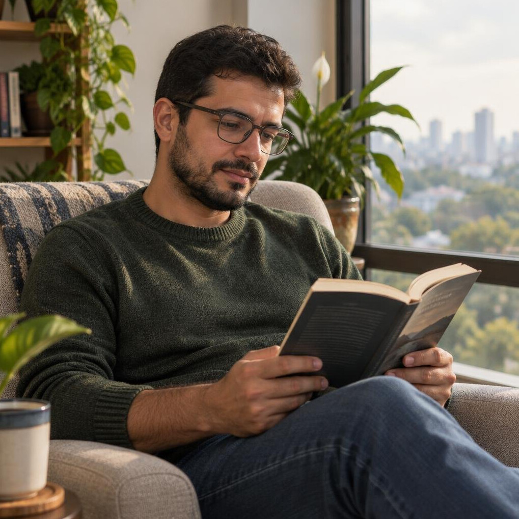 Brazilian man reading a book by a window during personal growth time