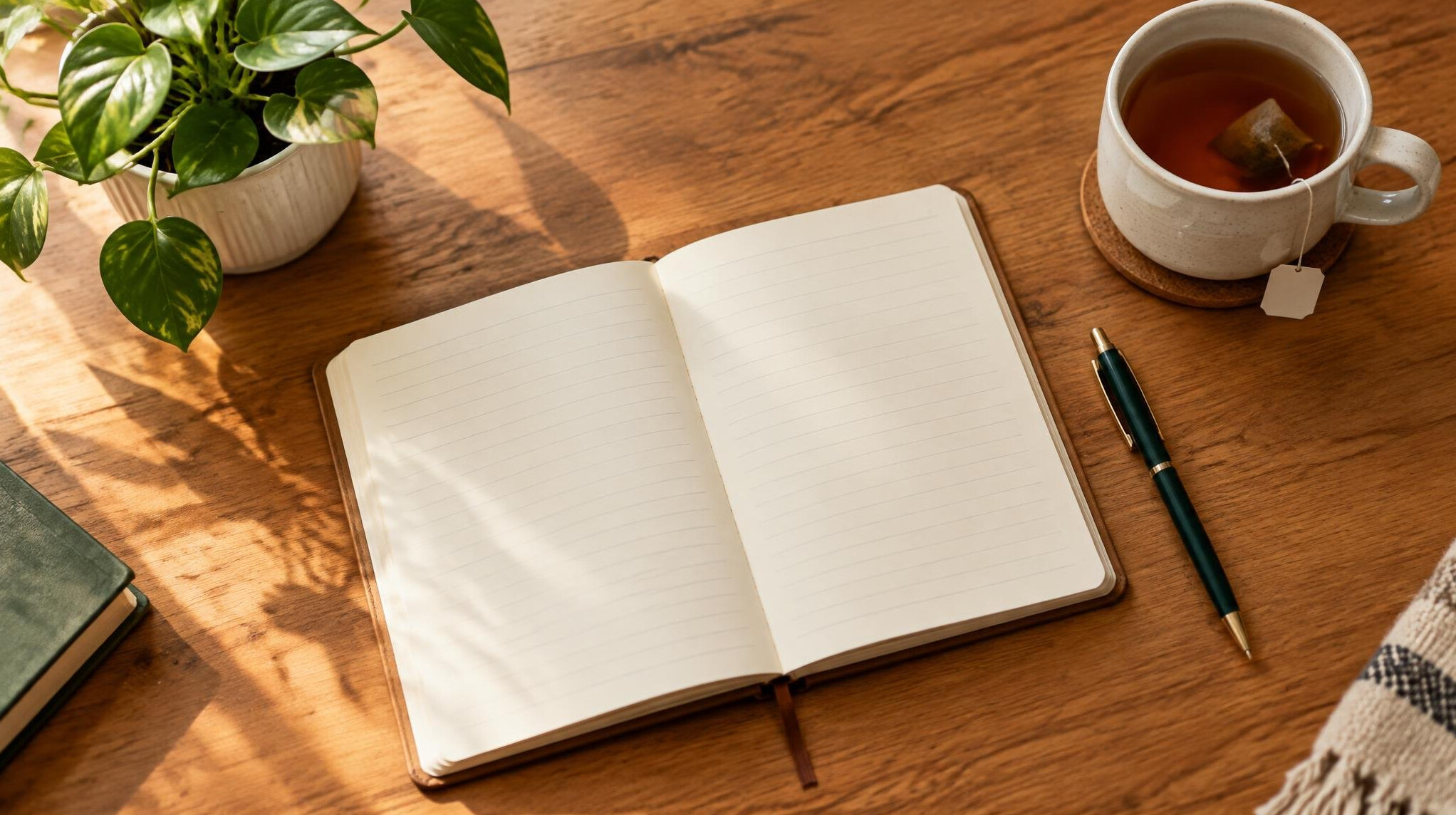 Desk with notebook, pen and plant ready for a conversation